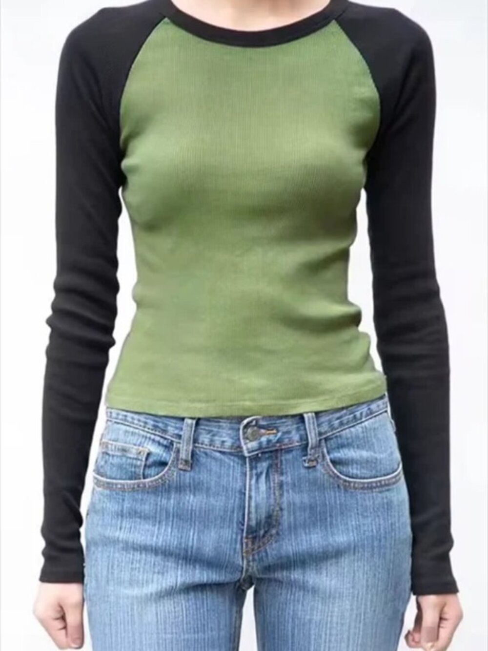 Olive Green & Black Colorblock Ribbed Raglan Top Size Small